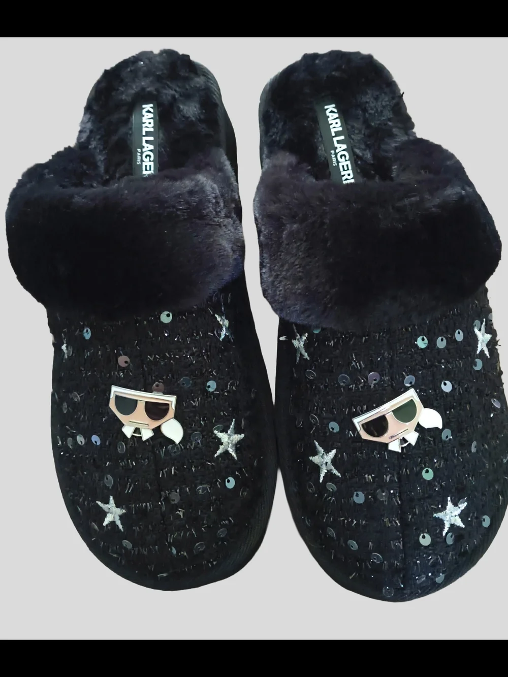 Karl Lagerfeld Women's Black Sequin Star Slip-On Slippers